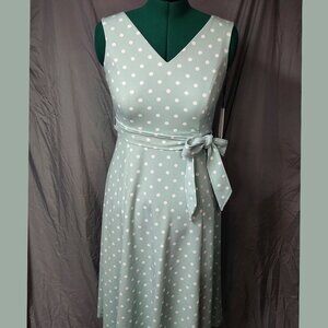 New Calvin Klein Light Blue Polka Dot Tie Waist Fit and Flare Midi Dress